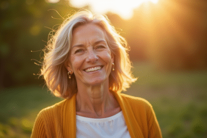 Femme d'âge moyen souriante en extérieur sous le soleil