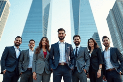 Professionnels de l'immobilier international devant un gratte-ciel