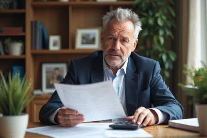 Homme d'âge moyen calculant ses impôts immobiliers dans un bureau moderne