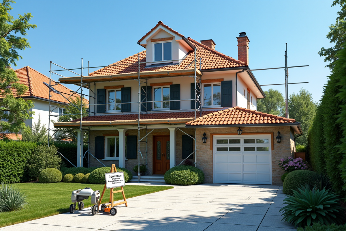 Maison en renovation avec scaffolding et panneau permis