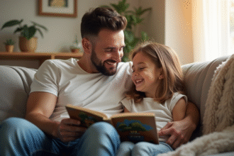 Père et fille lisant un livre dans un salon chaleureux