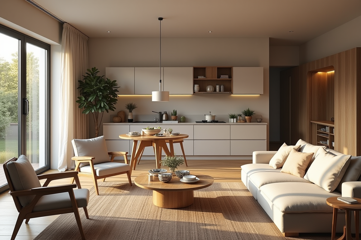 Salon familial chaleureux dans une maison T5 lumineuse