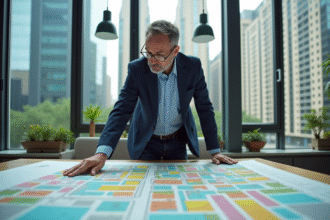 Urbaniste examinant des cartes de zonage colorées dans un bureau moderne