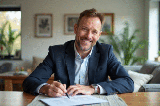 Agent immobilier homme examinant des documents dans un salon lumineux