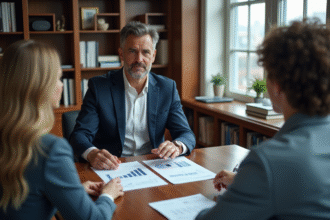 Agent immobilier montrant un rapport d estimation à un couple