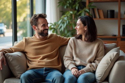 Couple assis sur un canapé dans un salon chaleureux