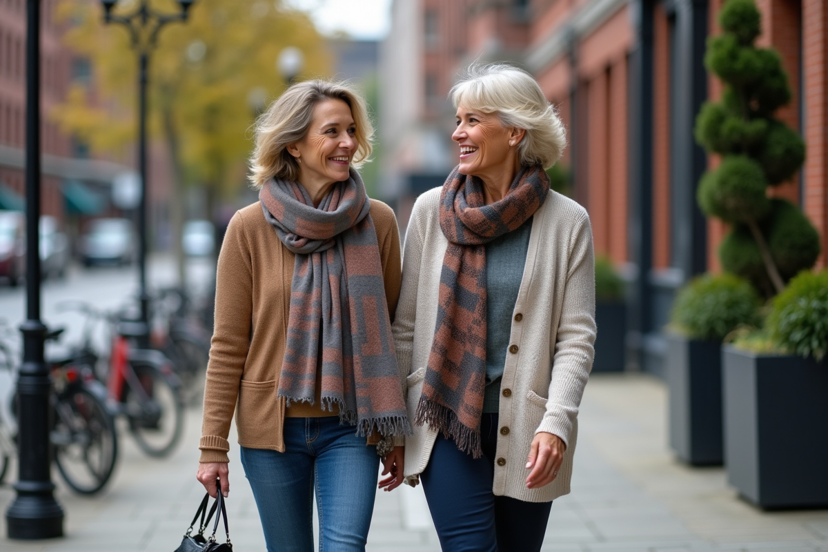 Deux femmes discutant en marchant dans la ville