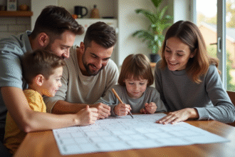 Famille multigenerational autour d'un calendrier familial