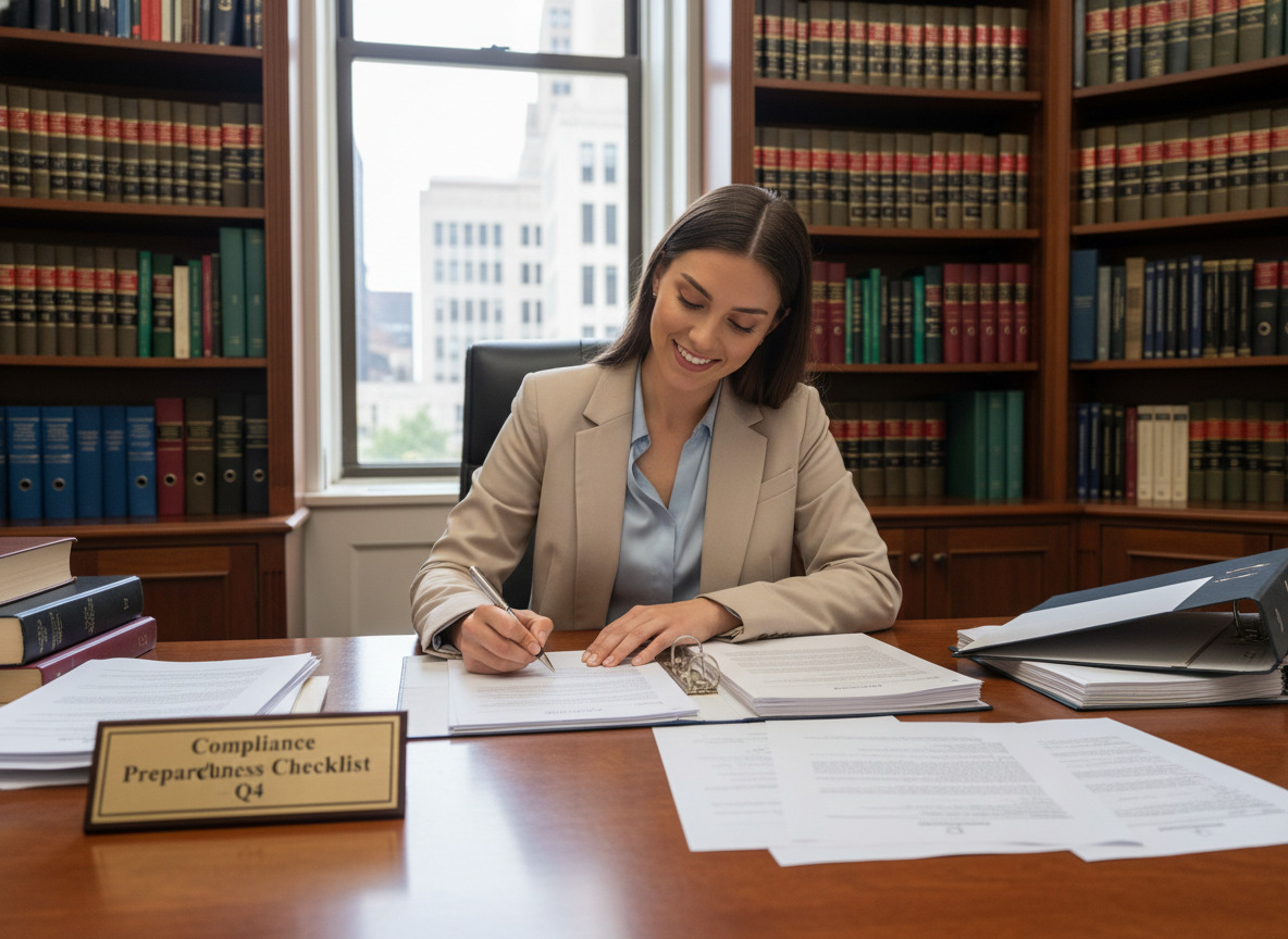 Jeune avocate signe un document dans son bureau