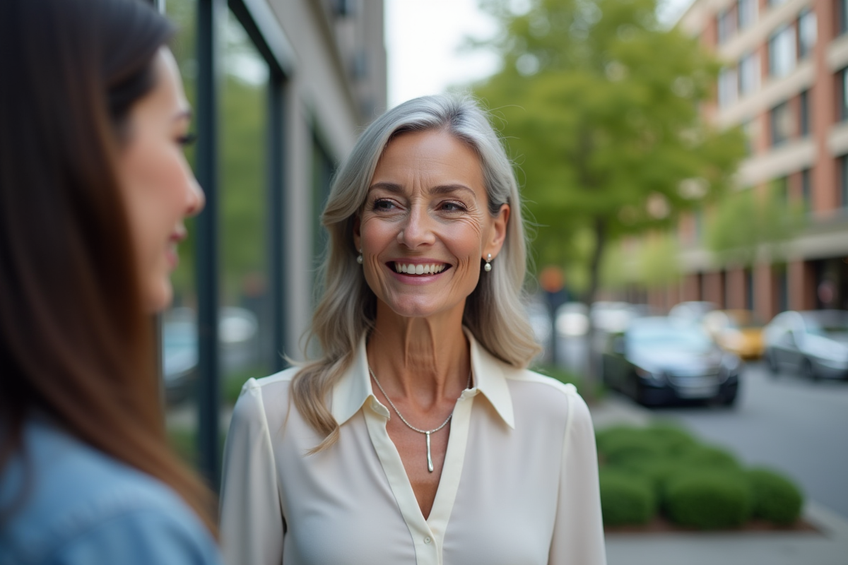 Femme souriante discutant avec un conseiller en extérieur