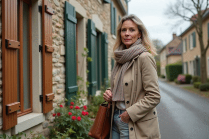 Femme française debout devant une maison en pierre