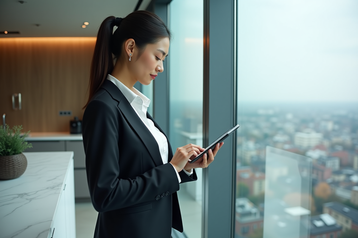 Jeune femme regardant des annonces immobilières sur une tablette en ville