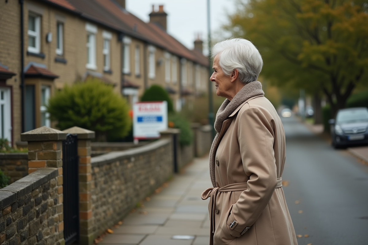 Femme regardant une maison en vente dans une rue résidentielle