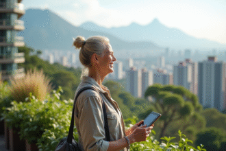 Femme contemplant la ville verte depuis un rooftop écologique