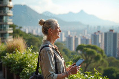 Femme contemplant la ville verte depuis un rooftop écologique