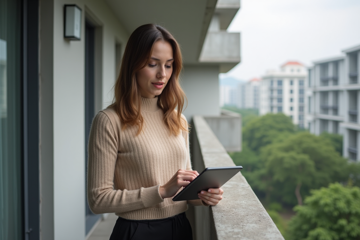 Jeune femme en balcon avec tablette urbaine