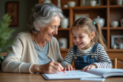 Grand-mère et petite fille créant un album souvenir