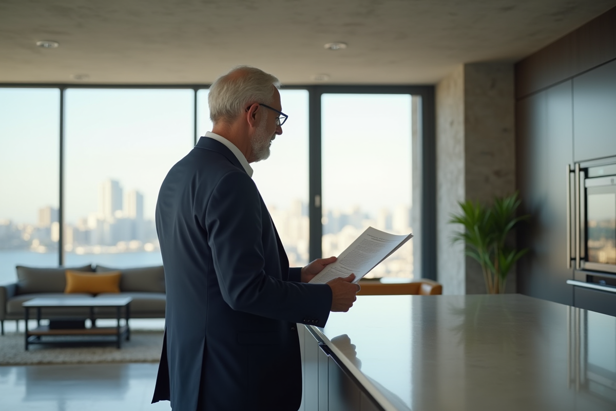 Homme français d affaires examinant des documents dans une cuisine moderne