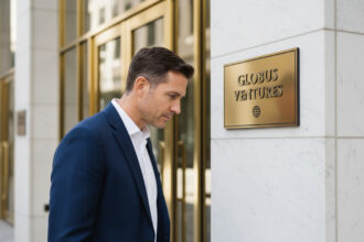 Homme d'affaires examine une plaque dans un bureau moderne