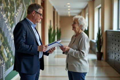 Inspecteur immobilier discutant avec une femme dans le hall d'un immeuble