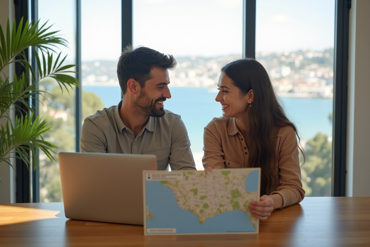 Jeune couple planifiant avec une carte dans un appartement lumineux