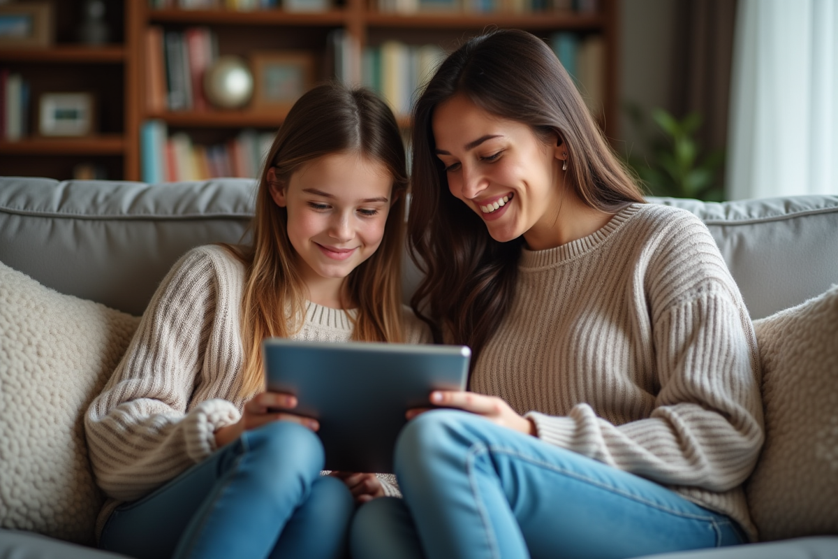 Mère et fille regardant un calendrier numérique sur une tablette