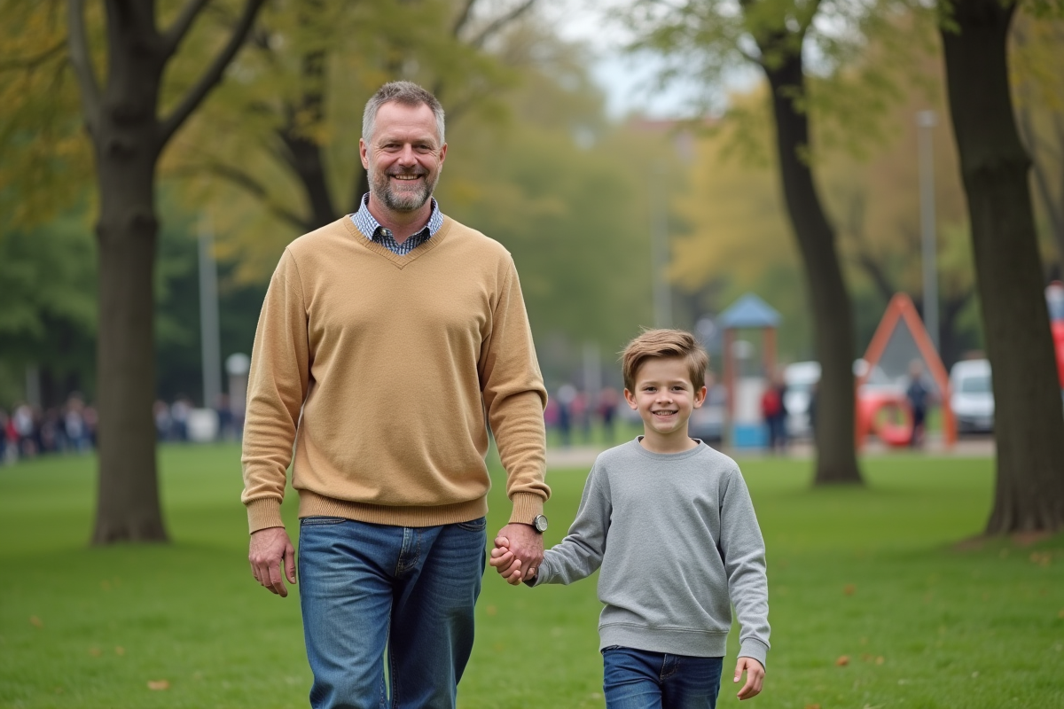 Père et adolescent main dans la main dans un parc urbain