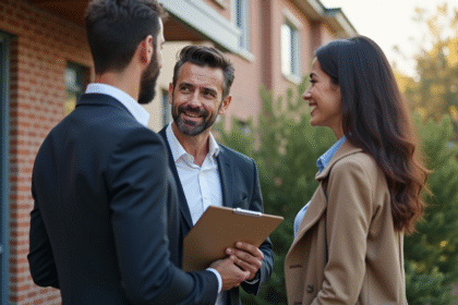 Agent immobilier expliquant la maison à un couple devant une maison moderne