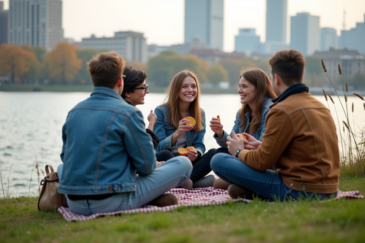 Jeunes amis partageant un pique-nique au bord de la rivière