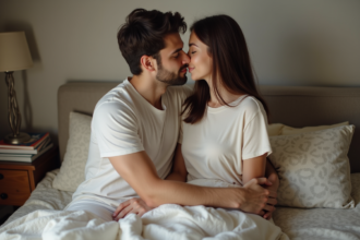 Jeune couple s'embrassant dans une chambre chaleureuse