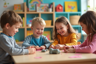 Groupe d'enfants de 3 à 4 ans façonnant de l'argile