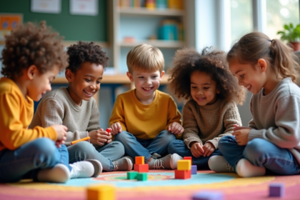 Enfants d'école primaire jouant ensemble dans une classe