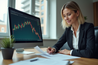 Femme d'affaires examinant des documents sur SCPI au bureau