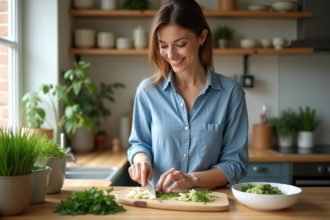 Femme souriante hachant des herbes fraîches dans la cuisine