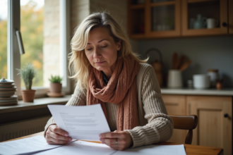 Femme méditant en cuisine avec lettre d'impôt immobilier