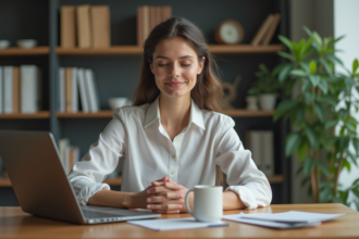 Femme en méditation dans un bureau moderne