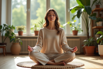 Femme méditant paisiblement dans un salon lumineux