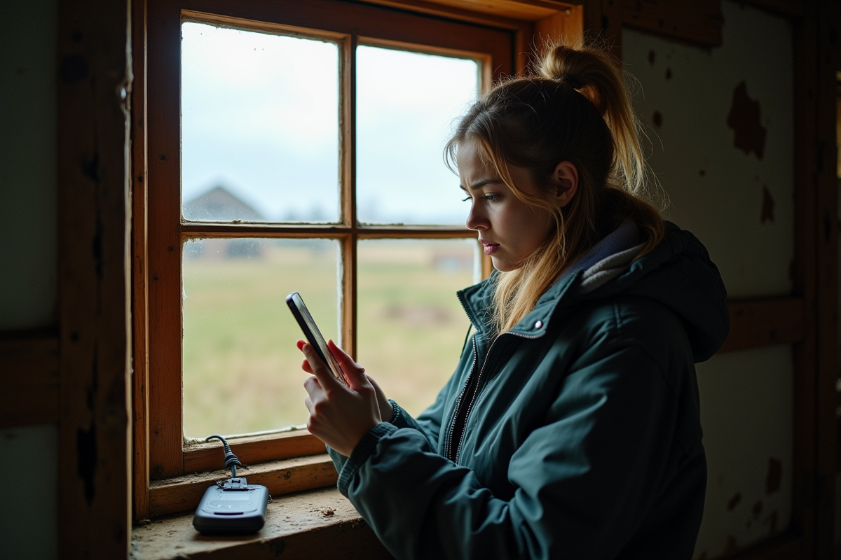 Jeune femme dans ferme rurale tente de connecter son téléphone