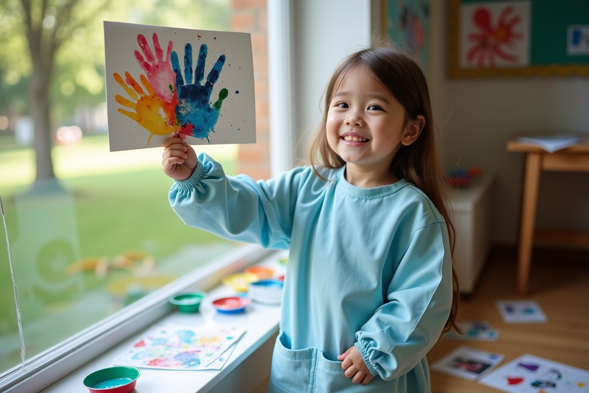 Jeune fille de 3 ans montrant sa peinture au doigt