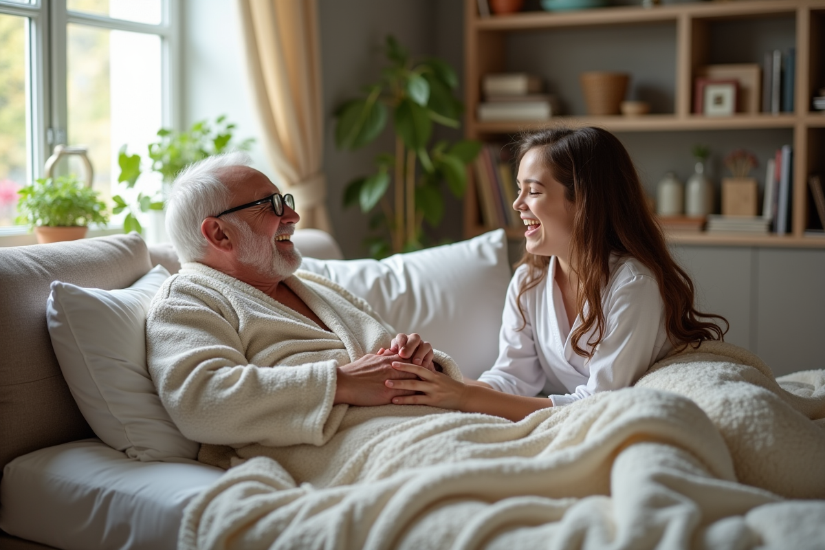 Grand-pere riant avec sa petite fille dans le salon