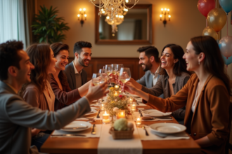 Groupe d'amis riant lors d'une fête dans un salon chaleureux
