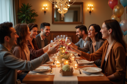Groupe d'amis riant lors d'une fête dans un salon chaleureux