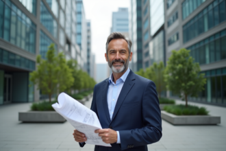 Homme d'affaires confiant avec plans devant immeuble moderne