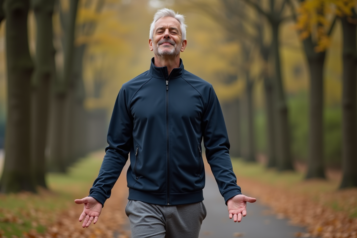 Homme en marche dans un parc boisé en automne