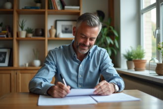 Homme d'âge moyen examinant des documents dans un salon moderne