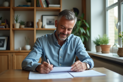 Homme d'âge moyen examinant des documents dans un salon moderne