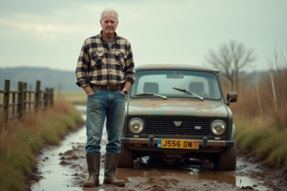 Homme en jeans et bottes dans la boue à côté d'une voiture bloquée