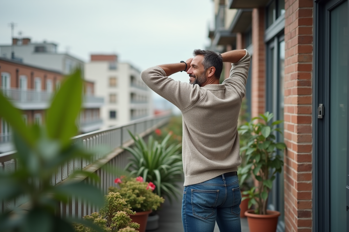 Homme détendu sur un balcon en ville