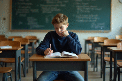 Jeune adolescent pensif assis seul à son bureau en classe