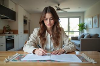 Jeune femme examine un contrat de location dans une cuisine moderne